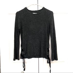 Gray Ribbed Sweater with Ribbon Details